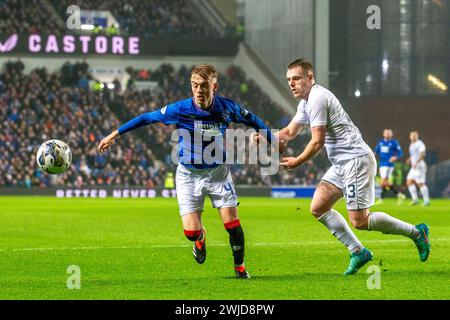 Glasgow, Regno Unito. 14 febbraio 2024. I Rangers FC giocano contro la Ross County all'Ibrox Stadium di Glasgow, in Scozia, in una partita riorganizzata, che è stata posticipata il 27 dicembre 2023, a causa della neve. I Rangers sono attualmente 3 punti dietro il Celtic FC, che è in cima alla Scottish League e una vittoria dei Rangers per 3 o più gol li metterebbe al primo posto. Crediti: Findlay/Alamy Live News Foto Stock
