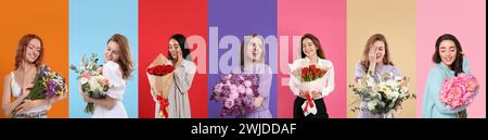 8 marzo - buona giornata della donna. Incantevoli signore con bellissimi fiori su sfondi di colori diversi, collage Foto Stock