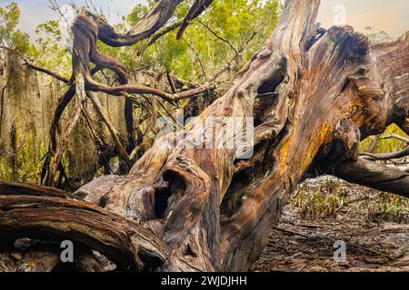 Il vecchio e panoramico albero di cedro al tramonto ravvicinano una bellissima struttura Foto Stock