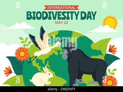 Illustrazione dei modelli disegnati a mano su sfondo dei social media della giornata della biodiversità Illustrazione Vettoriale