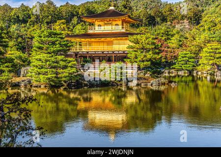 Colorato Kinkaku-Ji Rokuon-Ji Padiglione dorato Tempio buddista Zen Parco Kyoto Giappone. Risale al 1397, costruito da Shogun Ashikaga Yoshimasa e World He Foto Stock