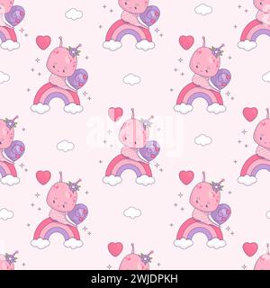 Motivo senza cuciture con lumaca smaltata sull'arcobaleno. Divertente insetto kawaii su sfondo rosa con nuvole. Illustrazione vettoriale in stile retrò alla moda. r Illustrazione Vettoriale