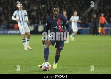 Ousmane Dembele del PSG durante la UEFA Champions League, turno di 16 partite di calcio di 1a tappa tra il Paris Saint-Germain (PSG) e il Real Sociedad il 14 febbraio 2024 allo stadio Parc des Princes di Parigi, Francia Foto Stock