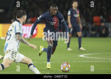 Ousmane Dembele del PSG durante la UEFA Champions League, turno di 16 partite di calcio di 1a tappa tra il Paris Saint-Germain (PSG) e il Real Sociedad il 14 febbraio 2024 allo stadio Parc des Princes di Parigi, Francia Foto Stock