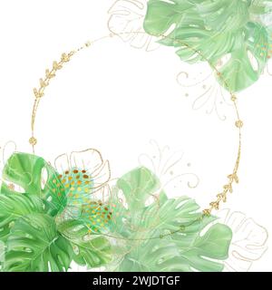 Cornice rotonda con foglie tropicali di monstera. Illustrazione acquerello. Modello per la progettazione. Foto Stock