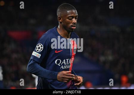 Parigi, Francia. 14 febbraio 2024. L'attaccante del Paris Saint-Germain, Ousmane Dembele, guarda durante la partita di calcio della UEFA Champions League tra il Paris Saint-Germain e il Real Sociedad allo stadio Parc des Princes di Parigi, in Francia, il 14 febbraio 2024. Foto di Firas Abdullah/ABACAPRESS.COM credito: Abaca Press/Alamy Live News Foto Stock