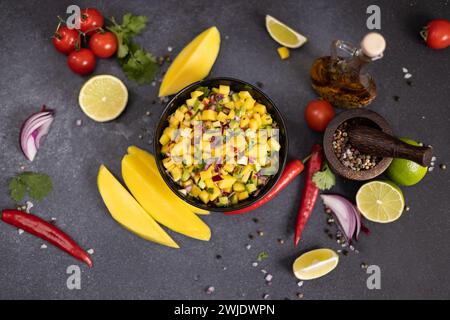 Salsa di mango appena preparata in un recipiente di ceramica nera su un tavolo con ingredienti Foto Stock