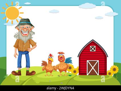 Allegro contadino in piedi accanto a polli e un fienile Illustrazione Vettoriale