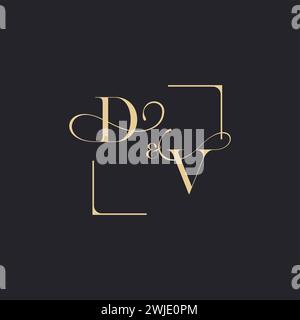DV semplice concetto di logo del contorno del matrimonio e quadrato di design iniziale dorato su sfondo bianco Illustrazione Vettoriale