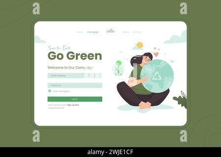 Save Earth Go Green illustrazione sul modello della landing page Illustrazione Vettoriale
