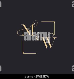 MW semplice concetto di logo del contorno del matrimonio e quadrato di design iniziale dorato su sfondo bianco Illustrazione Vettoriale