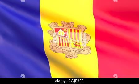 Rendering 3D - la bandiera nazionale di Andorra che fluttua nel vento. Foto Stock