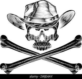 Cowboy Hat Western Skull Pirate Cross Bones Illustrazione Vettoriale