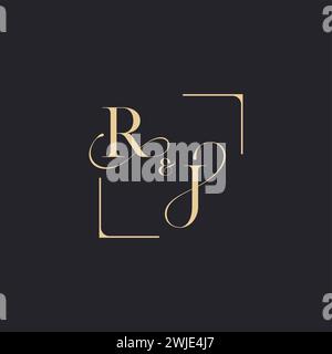 RJ semplice concetto di logo del contorno del matrimonio e quadrato di design iniziale dorato su sfondo bianco Illustrazione Vettoriale