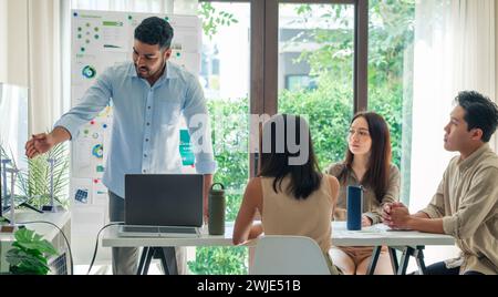 Il brainstorming del team Diversity in ESG (ambiente, socail, governance) utilizza l'energia rinnovabile per la compilazione in un ufficio sostenibile Foto Stock