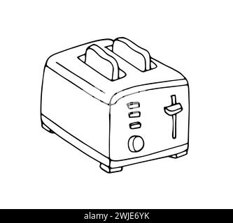 Tostapane disegnato a mano. Utensili da cucina. Tostapane per il pane. Toast per una colazione gustosa e salutare. Illustrazione vettoriale isolata su sfondo bianco. Illustrazione Vettoriale