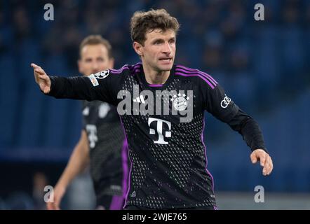 ROM, Italia. 14 febbraio 2024. Calcio: Champions League, Lazio Roma - Bayern Monaco, round a eliminazione diretta, round di 16, andata allo Stadio Olimpico di Roma. Thomas Müller di Monaco in azione. Crediti: Sven Hoppe/dpa/Alamy Live News Foto Stock