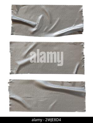 Nastri in tessuto grigio strappati su sfondo bianco con percorso di ritaglio Foto Stock