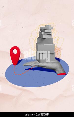 Immagine collage verticale del braccio effetto bianco nero con palmo pila impilata di mini scatole contrassegno di posizione di consegna isolato su sfondo di carta verniciata Foto Stock