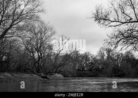 Foto in bianco e nero di un fiume tranquillo con sponde alberate e assenza di presenza umana Foto Stock