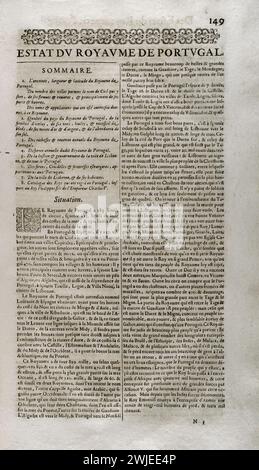 Les Estats, Empires, Royaumes et Principautez du Monde (gli Stati, gli imperi, i regni e i Principati del mondo), di D. T. V. Y. (Pierre d'Avity, 1573-1635). Stato del Regno del Portogallo, sintesi. Edizione stampata a Ginevra da Samuel Chouët, 1665. Foto Stock