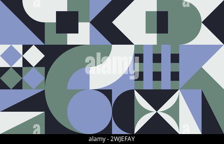 Sfondo murale geometrico astratto in stile Bauhaus. Design vettoriale alla moda in stile scandinavo. Opera d'arte in viola, verde, beige e nero Illustrazione Vettoriale