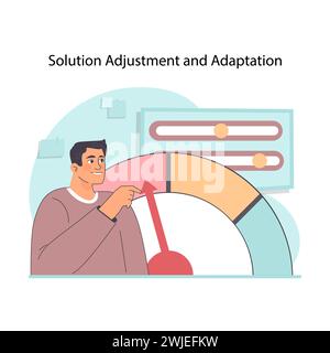 Concetto di adattamento e regolazione della soluzione. Uomo che gira la freccia verso indicatori migliori. Miglioramento proattivo e messa a punto delle strategie. Risposta dinamica al cambiamento. Illustrazione vettoriale piatta Illustrazione Vettoriale