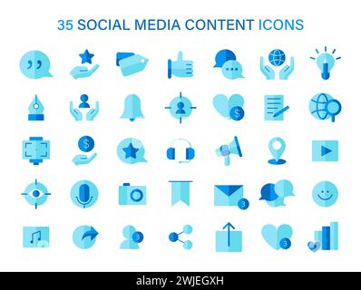 Set di icone dei contenuti dei social media. Gamma di icone di interazione digitale e rete. Comunicazione, condivisione, connessione nelle comunità online. Illustrazione vettoriale piatta. Illustrazione Vettoriale