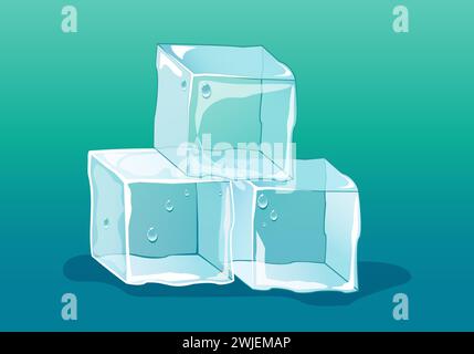 Cubetti di ghiaccio con gocce d'acqua. Fusione del ghiaccio. Illustrazione piatta isometrica vettoriale. Illustrazione Vettoriale