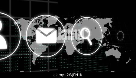 Immagine di icone, connessioni ed elaborazione dati sulla mappa mondiale Foto Stock