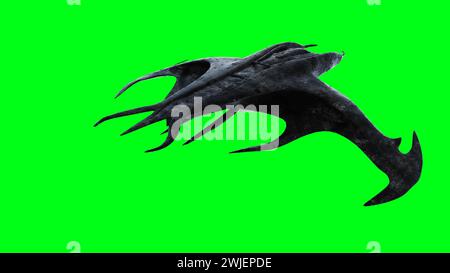 Astronave aliena spaventosa, invasore. Schermata verde. rendering 3d. Foto Stock