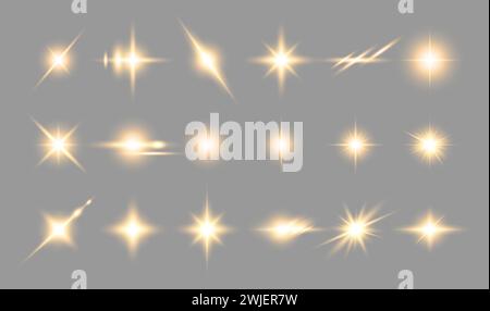 Effetti di luce dorata trasparente su sfondo grigio. Una collezione di varie scintille brillanti, stelle. Illustrazione Vettoriale