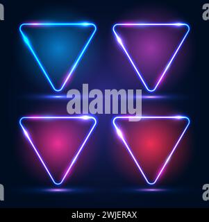 Cornici al neon triangolari con effetti luminosi, luci e iscrizioni su sfondo scuro. Illustrazione Vettoriale