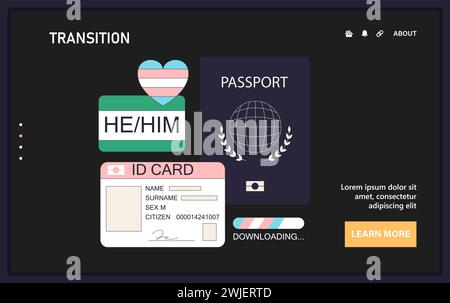 Web o landing per la transizione di genere. Affermazione dell'identità di genere. Emancipazione dell'uomo transgender nuovo documento d'identità e passaporto. Transizione sociale. Diritti di trasmissione e identità. Illustrazione vettoriale piatta Illustrazione Vettoriale