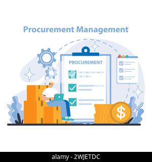 Concetto di gestione degli approvvigionamenti. Visione dettagliata dell'approvvigionamento strategico e della gestione dei costi nel processo di approvvigionamento. Sottolinea l'importanza della tecnologia per ottimizzare gli acquisti. Illustrazione Vettoriale