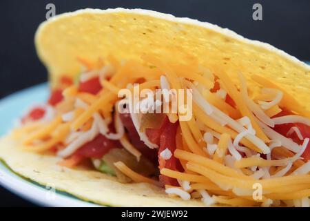 Un delizioso taco con formaggio, pomodoro, cipolle e peperoni Foto Stock