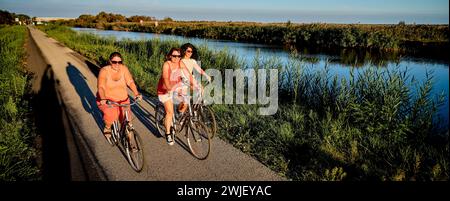Vauvert (Francia sud-orientale): Giro in bicicletta lungo il Canal de Rhone a Sete (Canale Rodano-Sete). Tre donne in bicicletta lungo la "ViaRhona" di Gallici Foto Stock