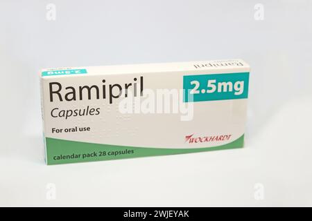 Foto del pacchetto di Ramipril 2,5mg capsule utilizzate nel trattamento della pressione alta Foto Stock
