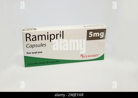 Foto del pacchetto di Ramipril 5mg capsule utilizzate nel trattamento della pressione alta Foto Stock