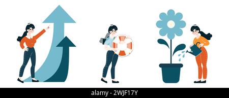 Crescita e supporto. Una donna d'affari punta a una tendenza al rialzo, offre un salvagente e inonda una metafora della crescita. Rappresentanza dell'assistenza e della promozione dell'avanzamento di carriera. Vettore piatto Illustrazione Vettoriale