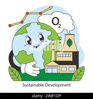 Concetto di sviluppo sostenibile. Integra salute ambientale e progresso economico. Si concentra sull'aria pulita e sull'energia rinnovabile. Illustrazione vettoriale piatta. Illustrazione Vettoriale