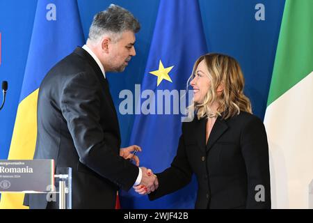 Roma, Italia. 15 febbraio 2024. Durante il Vertice intergovernativo Italia-Romania, incontro tra il Presidente del Consiglio dei Ministri Giorgia Meloni, il primo Ministro della Romania Marcel Ciolacu, il 15 febbraio 2024 a Villa Pamphili a Roma. Credito: Live Media Publishing Group/Alamy Live News Foto Stock