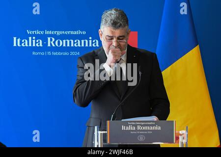 Roma, Italia. 15 febbraio 2024. Durante il Vertice intergovernativo Italia-Romania, incontro tra il Presidente del Consiglio dei Ministri Giorgia Meloni, il primo Ministro della Romania Marcel Ciolacu, il 15 febbraio 2024 a Villa Pamphili a Roma. Credito: Live Media Publishing Group/Alamy Live News Foto Stock