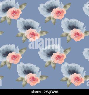 Motivo floreale acquerello senza cuciture. Sfondo di fiori blu e rosa astratti disegnati a mano per tessuti, imballaggi, etichette, decorazioni per la casa Foto Stock