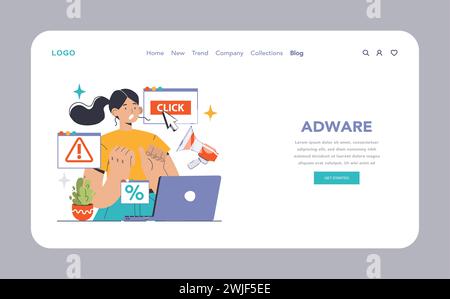 Avviso adware sul Web o sull'atterraggio. Gli utenti interessati incontrano annunci e pop-up intrusivi, sottolineando l'importanza della privacy digitale. Proteggiti dalle promozioni indesiderate. Illustrazione vettoriale piatta Illustrazione Vettoriale