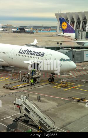 D-AIFE Lufthansa Airbus A340-313, Passau, am Flughafen Frankfurt Main Rhein-Main-Flughafen. Fra/EDDF - Betreiber Fraport. Francoforte sul meno, Assia, DEU, Deutschland, 14.02.2024 *** D AIFE Lufthansa Airbus A340 313, Passau, presso l'aeroporto di Francoforte sul meno Reno meno operatore fra EDDF Fraport Francoforte sul meno, Assia, DEU, Germania, 14 02 2024 Foto Stock