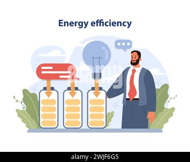 Concetto di efficienza energetica. L'uomo professionista monitora i livelli della batteria, mostrando il risparmio energetico con una lampadina a incandescenza. Progressi nelle tecnologie di risparmio energetico. Illustrazione vettoriale piatta Illustrazione Vettoriale