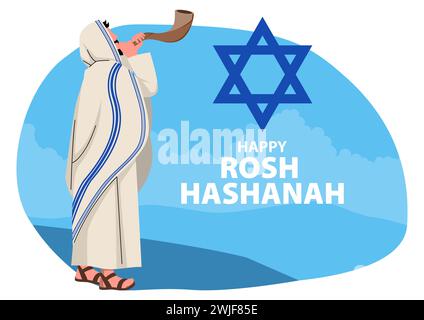 Clip art di un uomo ebreo che soffia il corno di RAM Shofar su Rosh Hashanah, illustrazione vettoriale Illustrazione Vettoriale