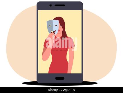 Clip art di una donna triste che finge di essere felice tenendo una maschera facciale felice su un profilo dei social media, dissemblance, finta, ipocrita, falsità su così Illustrazione Vettoriale