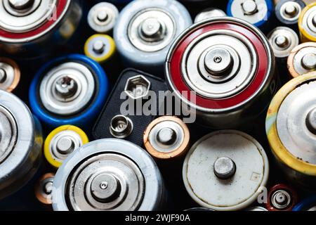 Vista ravvicinata delle varie batterie alcaline usa e getta usate che presentano un mix di tipi (C AA AAA D 9V) e dimensioni - concetto di riciclaggio e smaltimento dei rifiuti Foto Stock